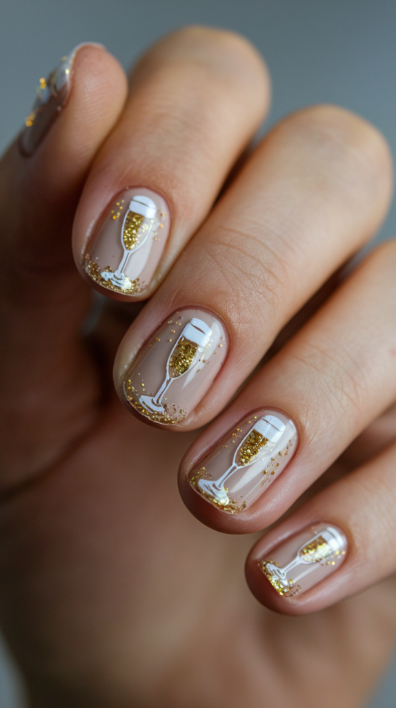 Nude nails with tiny champagne glasses painted on, featuring golden glitter bubbles.
