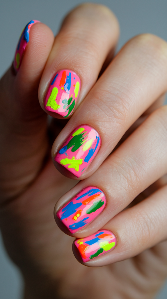 Abstract neon brushstroke nail art with pink, blue, and yellow on a glossy base