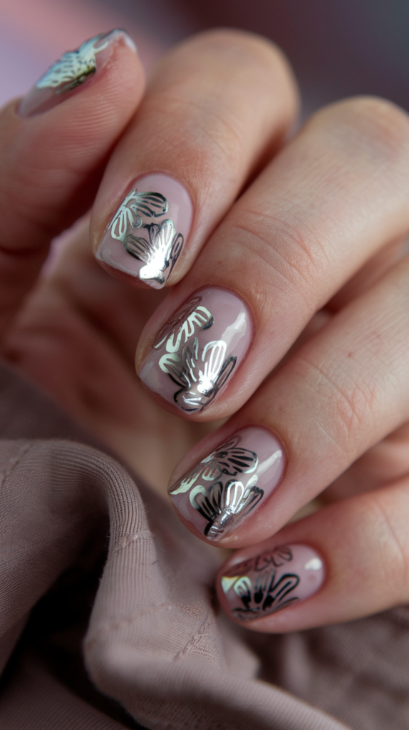 Nude nails with delicate silver chrome floral designs for a feminine, shiny finish.

