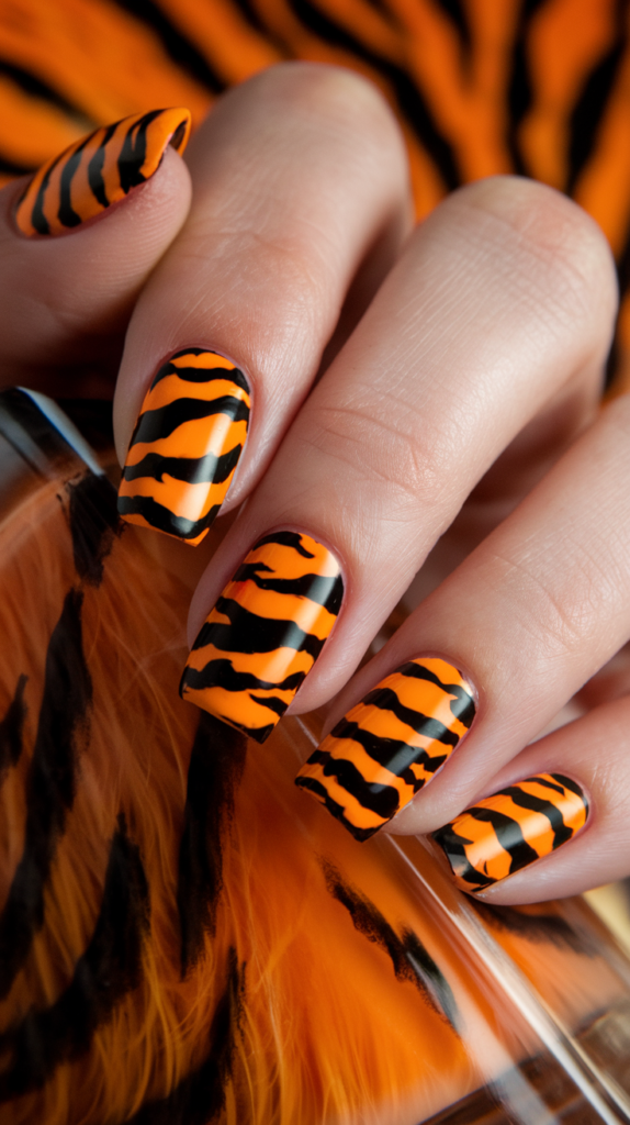 Vibrant orange nails with bold, black tiger stripes showcasing sharp, clean lines