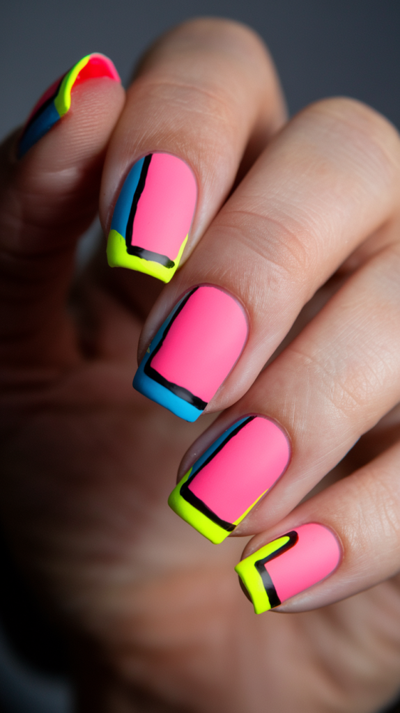 Neon flower nail art with pink, yellow, and orange floral designs on a black base