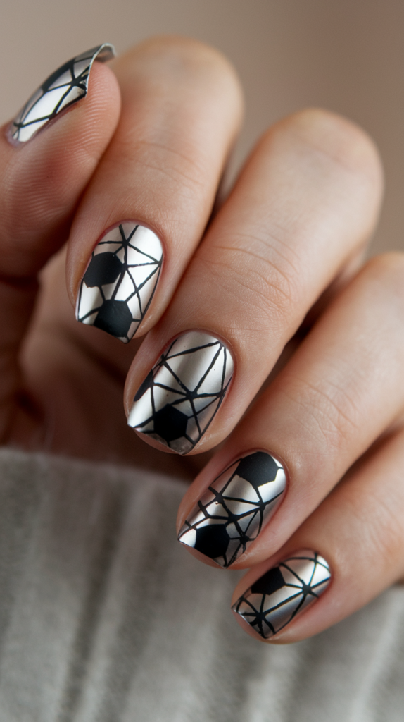 Gleaming Geometrics – Black nails adorned with chrome triangles and hexagons, giving an architectural look.
