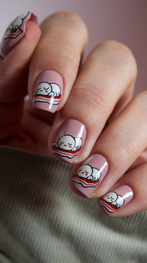 Gudetama Lazy Egg Nails: Playful nail design with Gudetama lying on bacon strips, finished with glossy accents.
