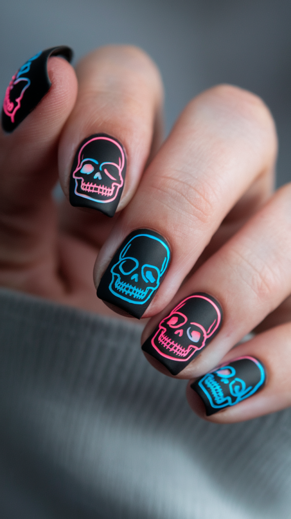 Techno Skulls – Matte black nails with neon-outlined skulls and small metal studs.
