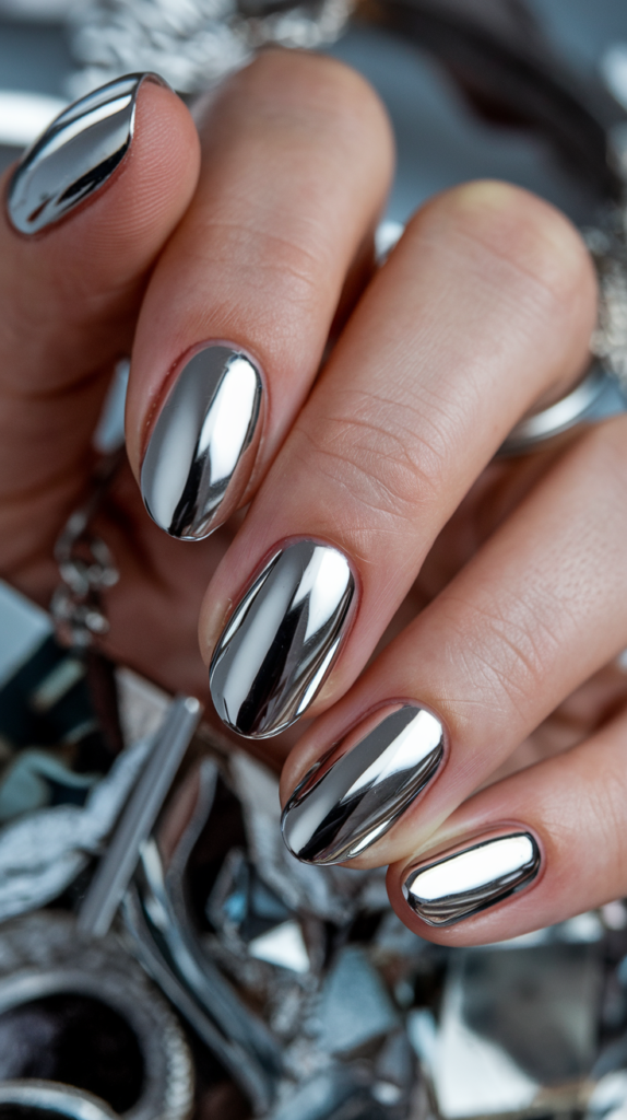 A close-up of sleek, reflective silver chrome nails with a mirror-like finish.