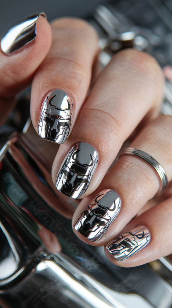 Cyber Samurai – Chrome nails with intricate designs of tiny red and black cyber warrior helmets.
