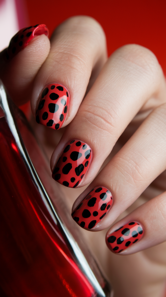 Bright red nails with large black ladybug spots, creating a fun and whimsical design