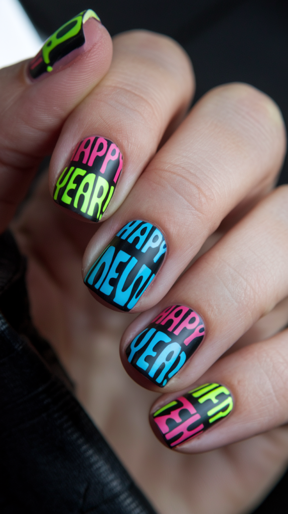 Black nails with bold neon-colored letters spelling out "Happy New Year."
