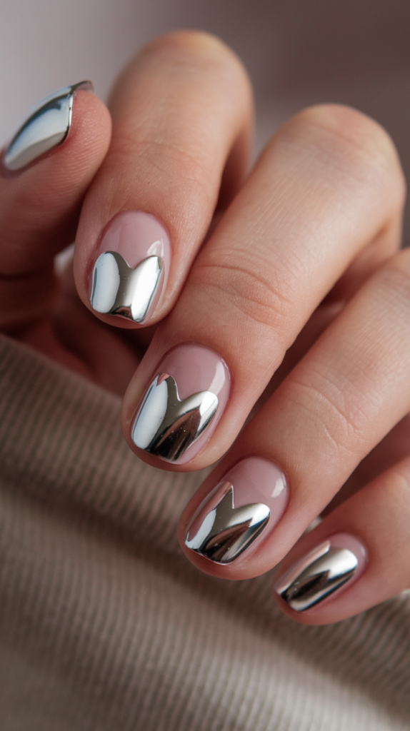 Abstract chrome foil accents placed over a sheer base for an artistic, avant-garde look