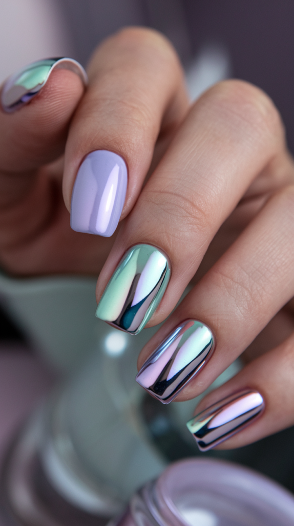 Pastel-colored chrome nails in soft shades like lavender and mint for a spring-inspired look