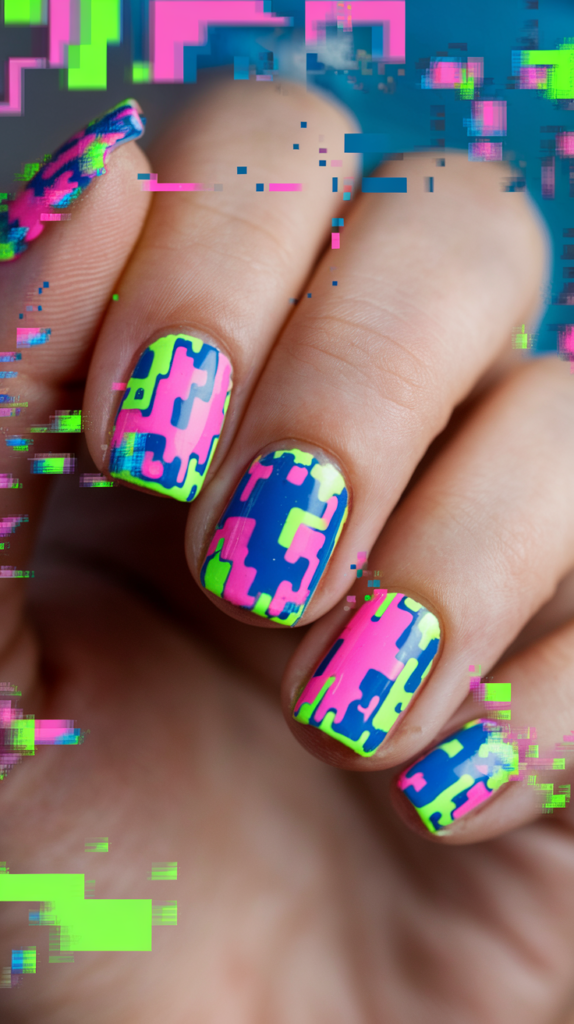 Pixelated, distorted designs in bright neon colors, creating a digital glitch effect