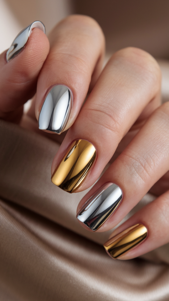 Split-design nails featuring contrasting silver and gold chrome for a bold look