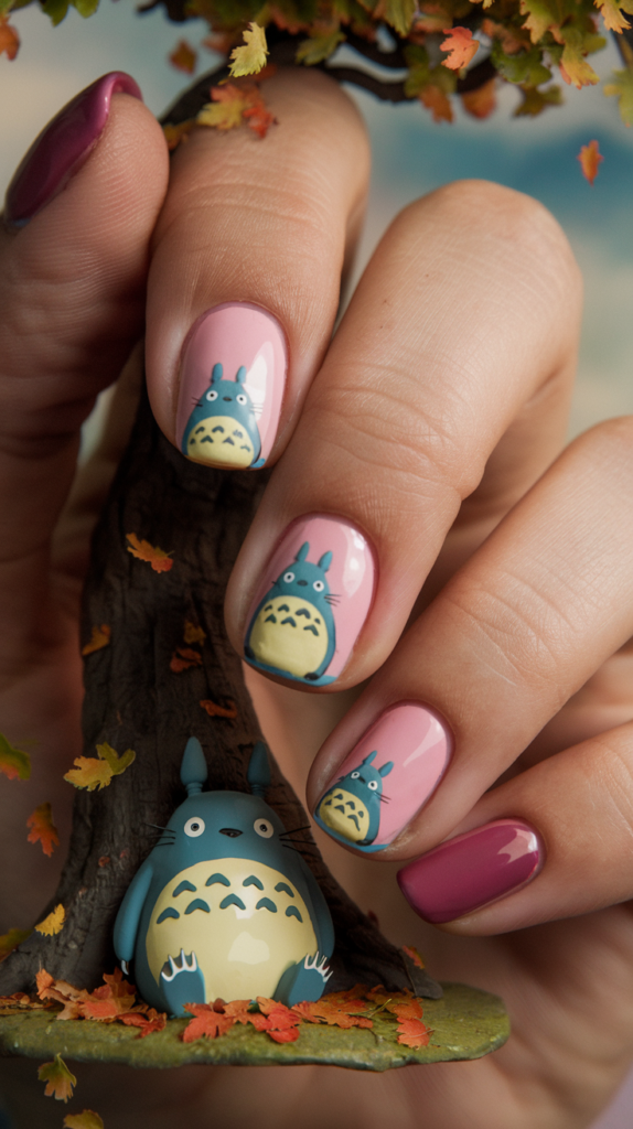 Totoro Nails: Studio Ghibli-inspired Totoro nails with whimsical leaves, forests, and gradient backgrounds.
