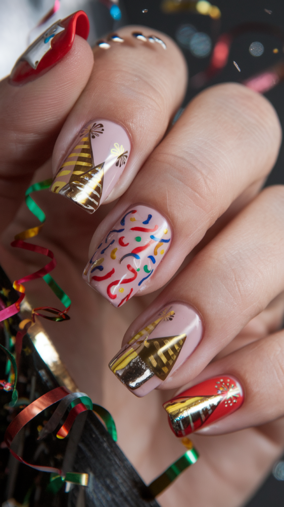 Colorful nails featuring party elements like hats, streamers, and confetti.
