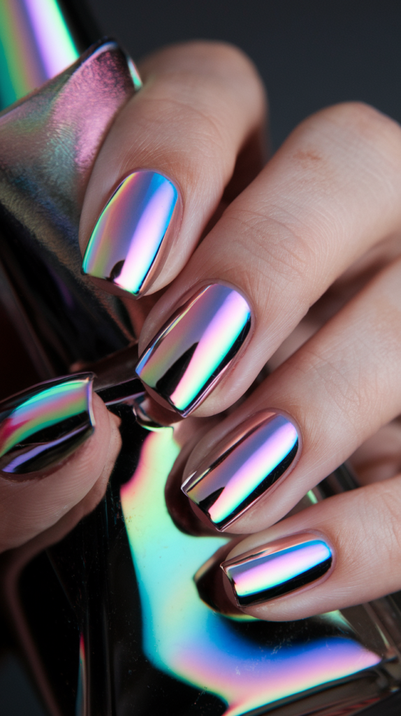 Nails with a rainbow chrome finish reflecting multicolored hues under different lighting conditions.