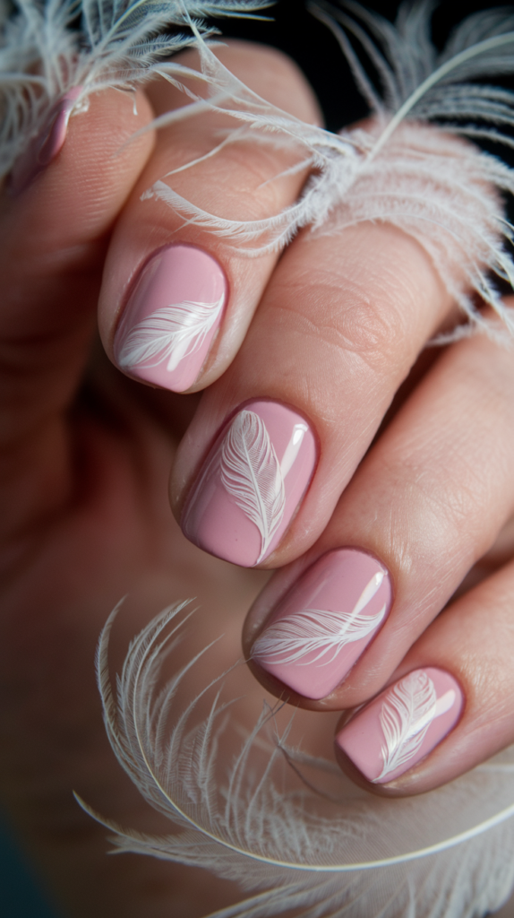 Soft pink nails with delicate white flamingo feather accents for a light, airy look