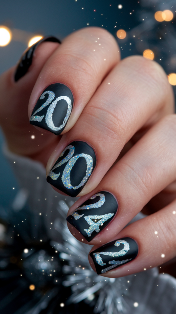 Black nails with bold metallic numbers "2024" painted on each nail, surrounded by festive sparkles.
