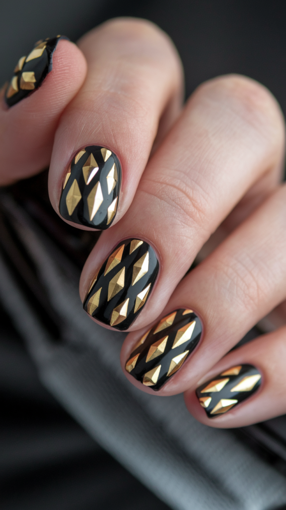 Black nails featuring sparkling gold diamond shapes and angular designs, capturing the opulence of Art Deco-inspired nail art.
