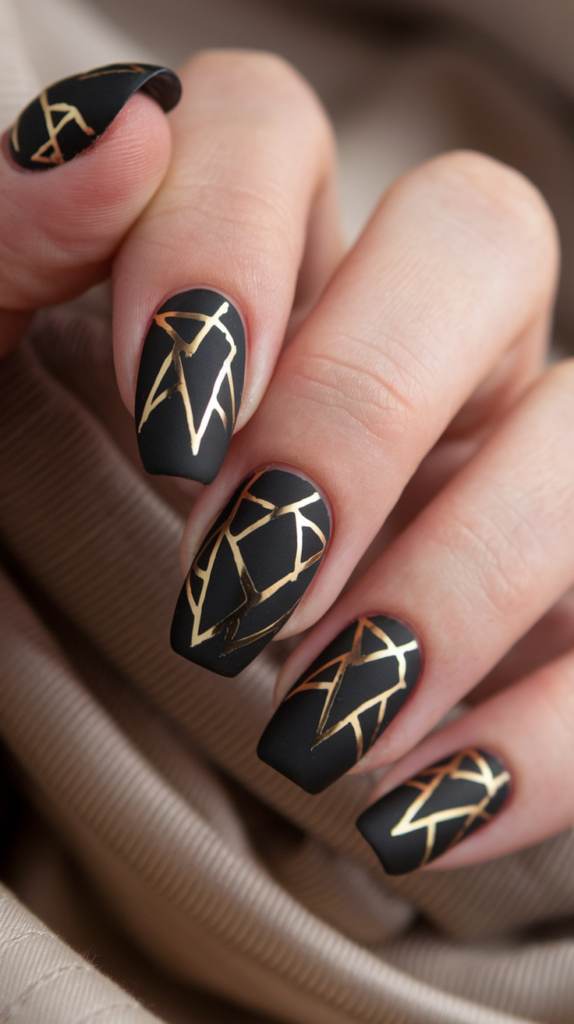 Matte black nails with intricate, shiny gold detailing, blending textures for an elegant Art Deco finish.
