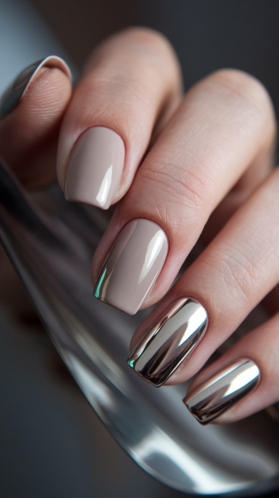 Matte nude nails with one accent nail covered in reflective chrome for a stylish contrast