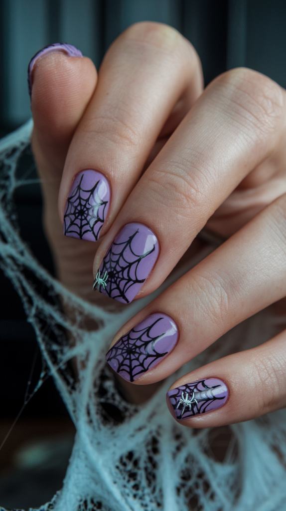 Halloween Purple Nails – Deep purple nails with hand-painted black spiderwebs and bats, adding a spooky Halloween twist