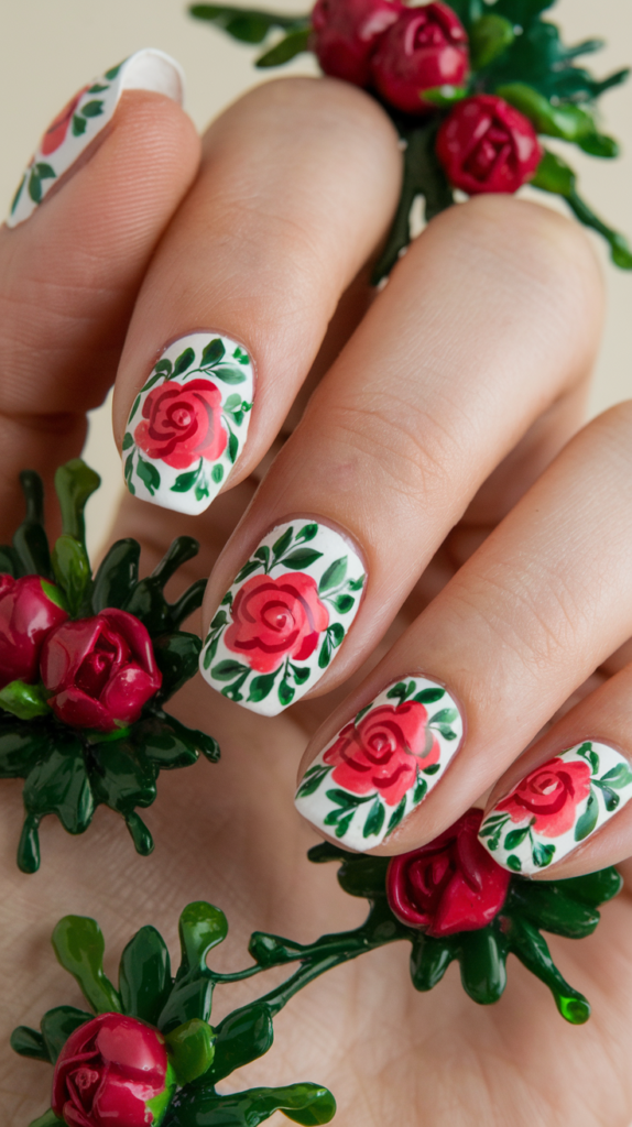 Nails with hand-painted roses in shades of red and pink with green leaves.

