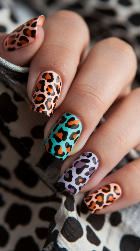 Unconventional animal print patterns in neon orange and lavender with leopard spots and zebra stripes.

