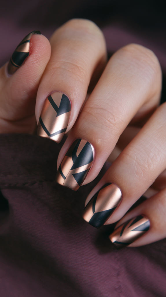 Deep plum nails with bronze and copper geometric patterns, offering a warm and opulent Art Deco-inspired design.
