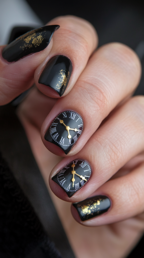 Black nails featuring a detailed clock face with gold clock hands pointing to midnight.
