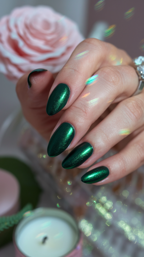 Dark green nails with a mesmerizing cat-eye effect that shifts in light