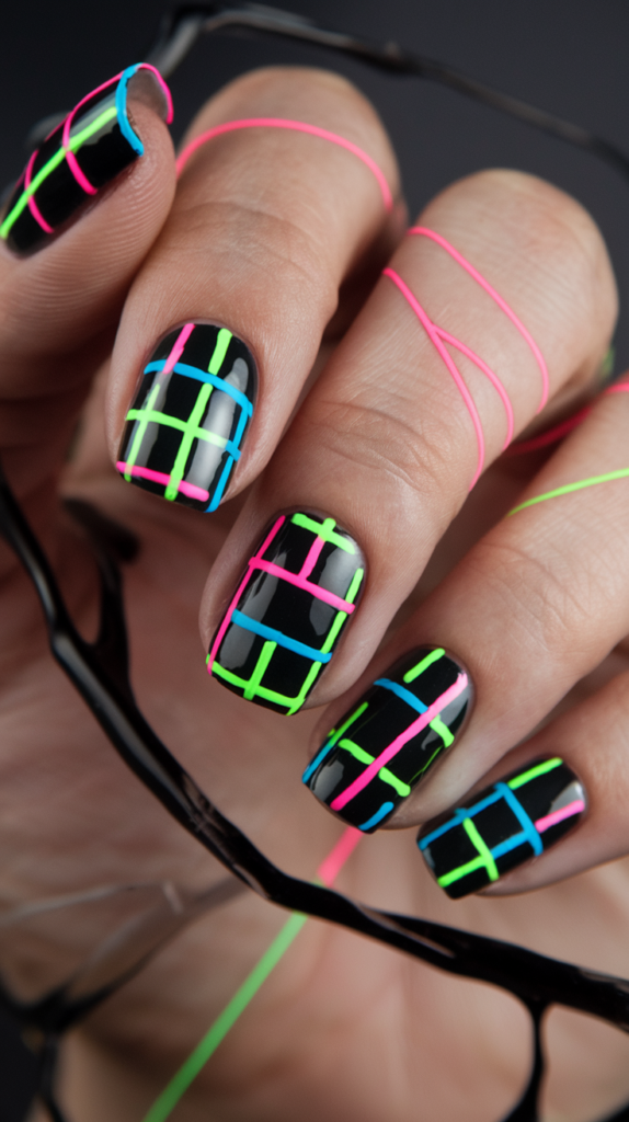 Nails with geometric grid patterns in neon pink, green, and blue over a black base.

