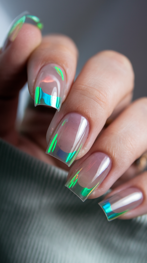 Augmented Reality (AR) Designs – Nude nails with layered holographic stickers shifting colors under light.
