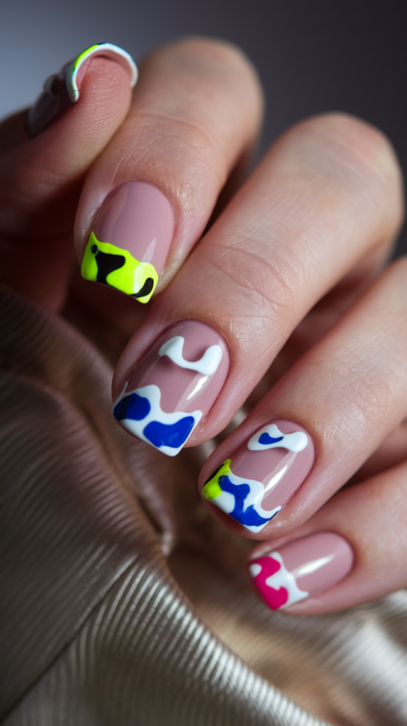  A modern French tip design with irregular colorful shapes in neon yellow, pink, and blue on a sheer pink base.