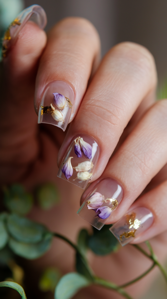 Clear Jelly Nails: Transparent nails with embedded dried flowers and soft gold leaf for an elegant look.