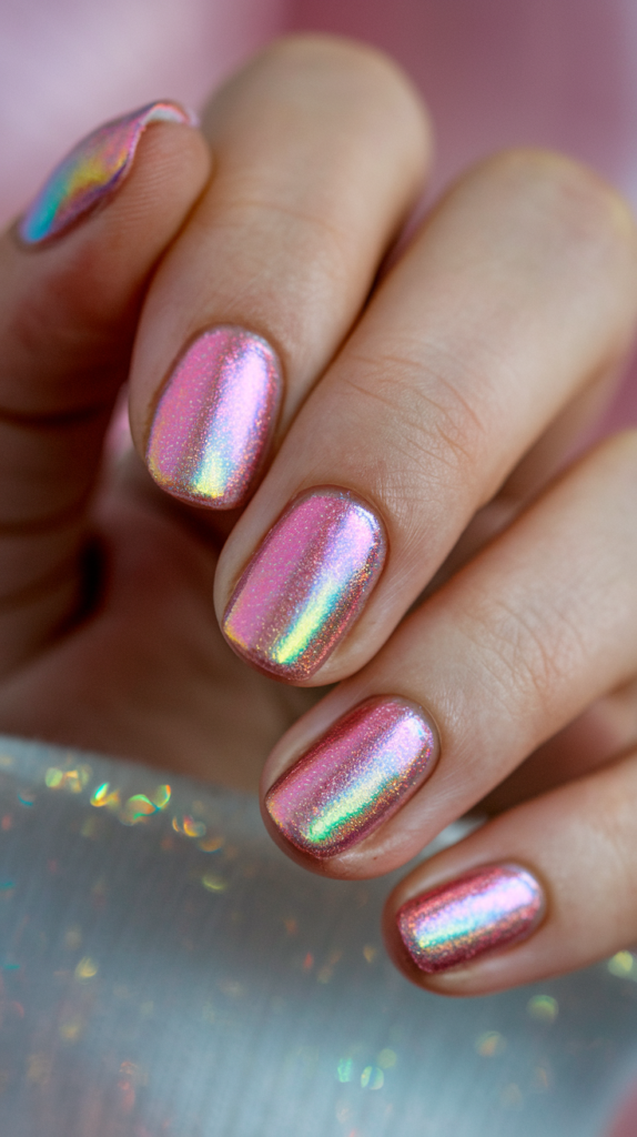 Nails with a holographic pink finish that shifts colors under light, offering a dazzling, futuristic effect.

