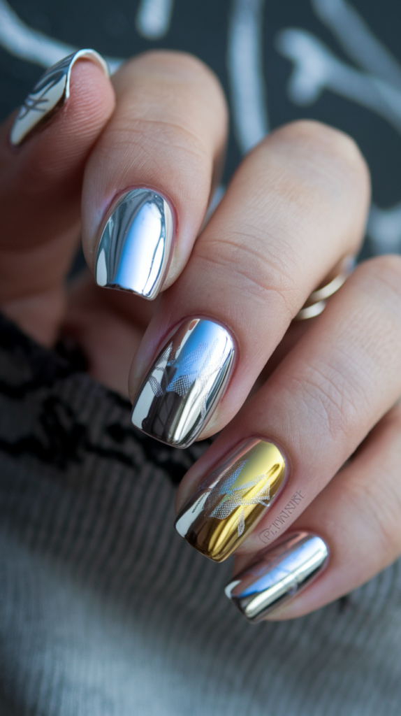 Highly reflective chrome nails in gold and silver, with a smooth mirror-like finish