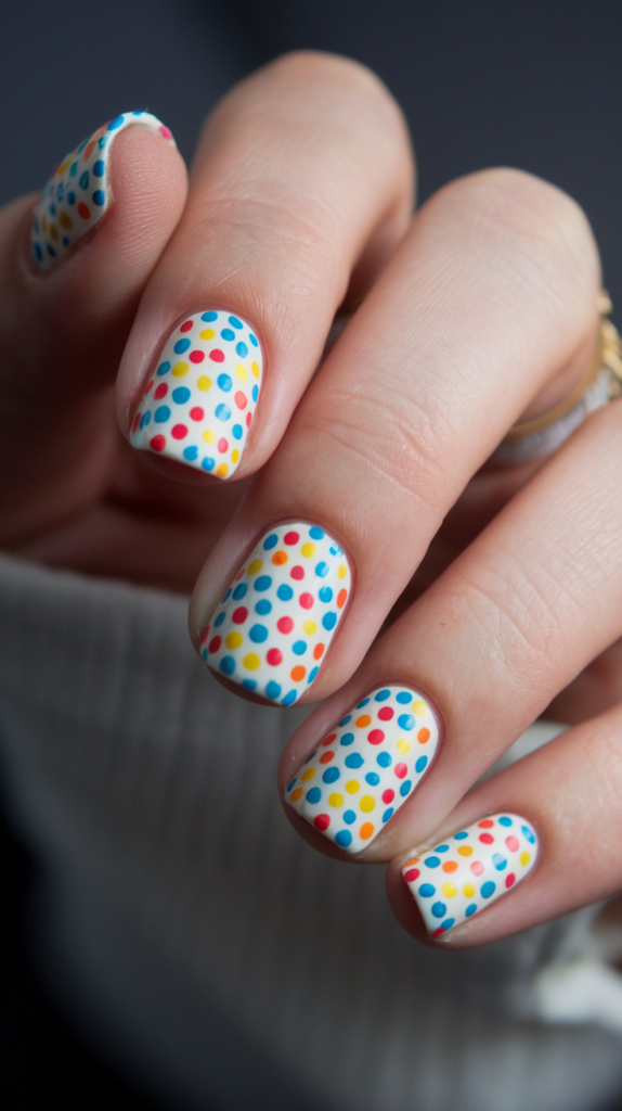 Polka Dot Confetti Nails: A mix of multicolored dots in different sizes to mimic confetti.
