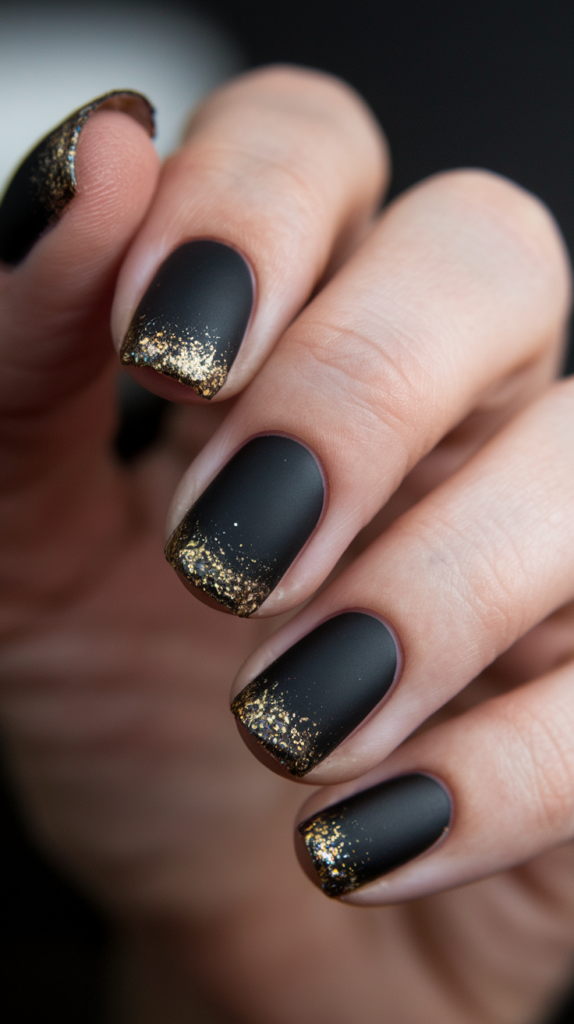 Matte black nails with a subtle glitter gradient at the tips for a sophisticated look.
