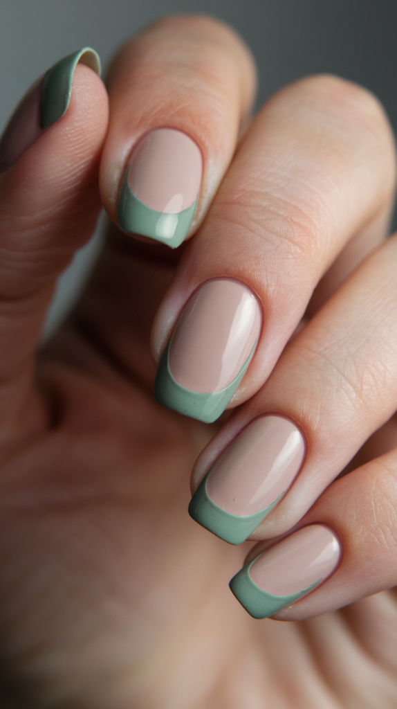 Nails with nude bases featuring minimalist sage green French tips