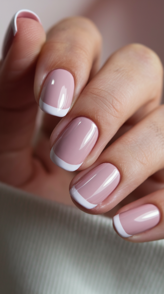 Almond-shaped nails coated in glossy soft pink polish, reflecting natural light with an elegant, feminine appeal.

