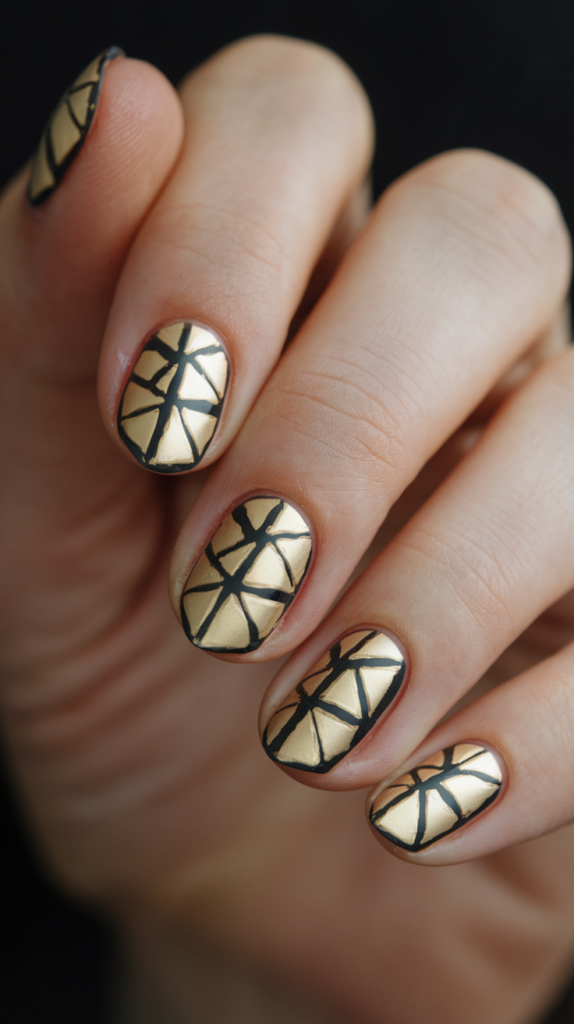 Black nails with bold, metallic gold triangle accents, creating a sharp and chic Art Deco-inspired nail design.
