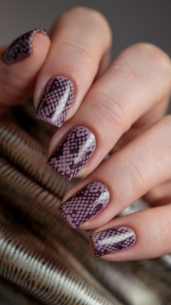 Snake Skin Pattern Nails – Plum-colored nails with a textured snake skin pattern painted in a slightly lighter shade of purple