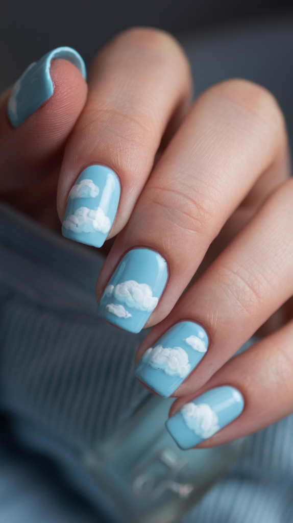 Cloudy Sky Blue – Soft blue with fluffy white clouds and sun accents.
