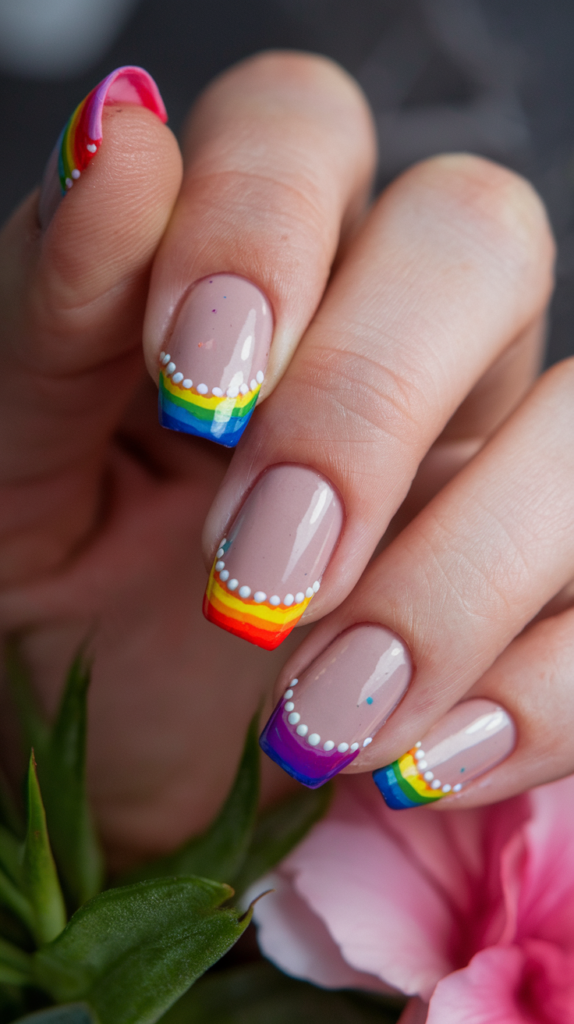 Rainbow Tips with Polka Dots: Rainbow-colored tips with tiny white polka dots.
