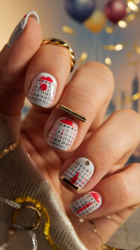 Nails with golden clock hands positioned at midnight, accented with glitter.
