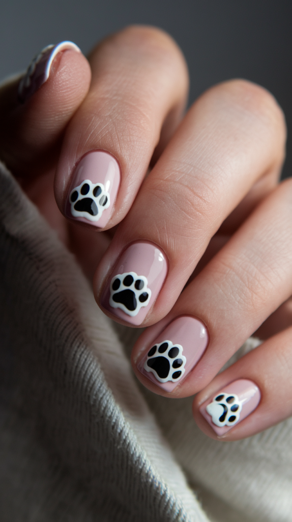 Pastel-colored nails with playful black paw prints scattered across each nail for a fun look