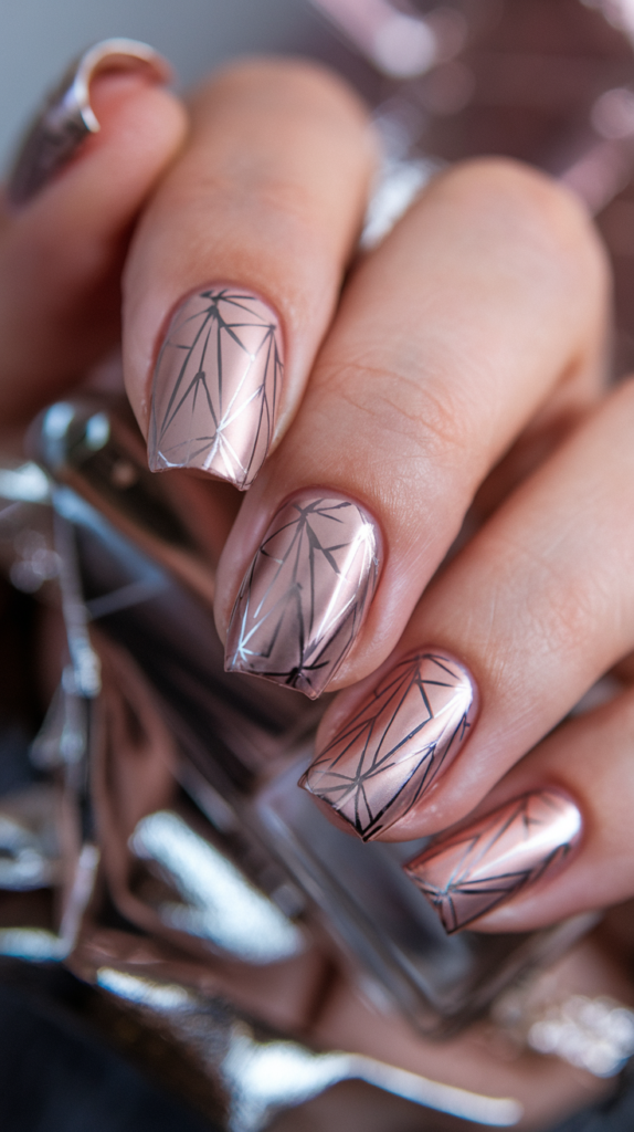 Origami Nail Art: Metallic foil nail design resembling intricate folded paper patterns inspired by Japanese origami.
