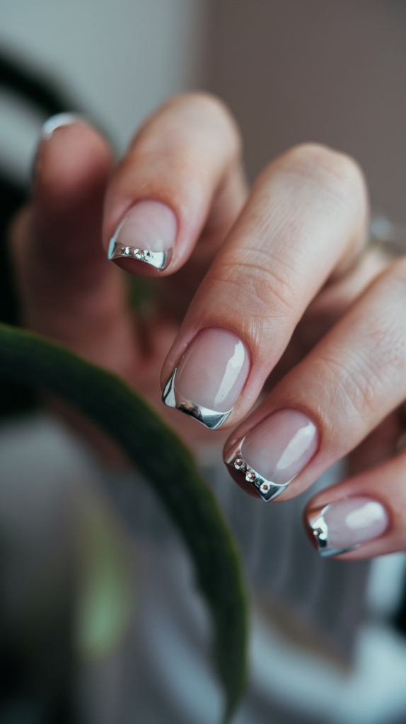 Modern French Tips: Nails with chrome and metallic French tips on a clear base for a sleek, contemporary look.
