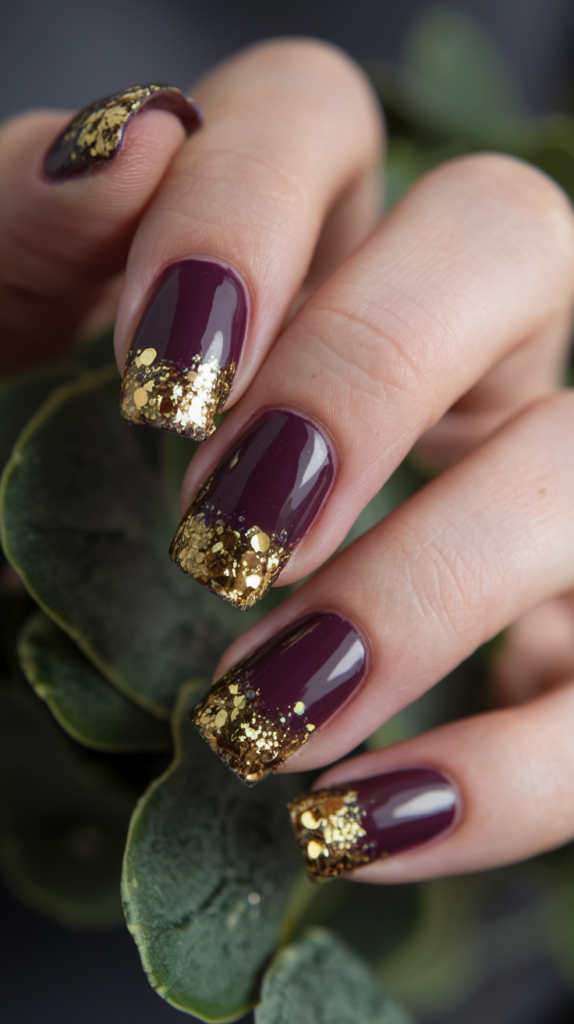 New Year’s Purple Glam Nails – Dark purple nails with chunky gold glitter concentrated at the tips, perfect for a celebratory New Year’s look