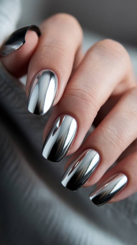 A gradient manicure featuring a smooth transition from chrome to matte black on the nails